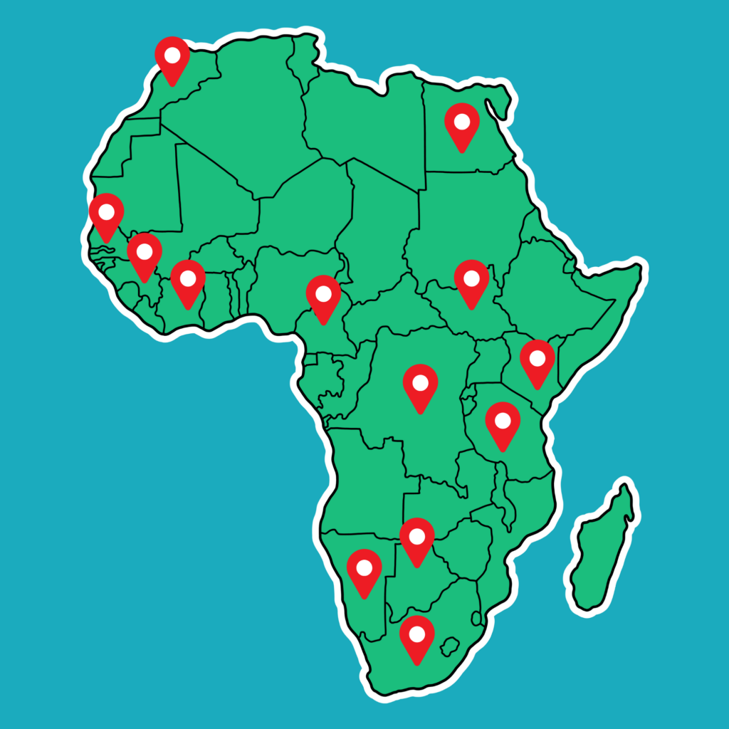 Africa with pins in: Egypt, Morocco, Ivory Coast, DR Congo, Senegal, Guinea, Cameroon, Kenya, Tanzania, Uganda, South Africa, Namibia, and Botswana.