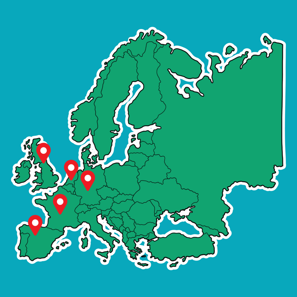 Europe with pins in: The Netherlands, United Kingdom, Germany, France and Spain.